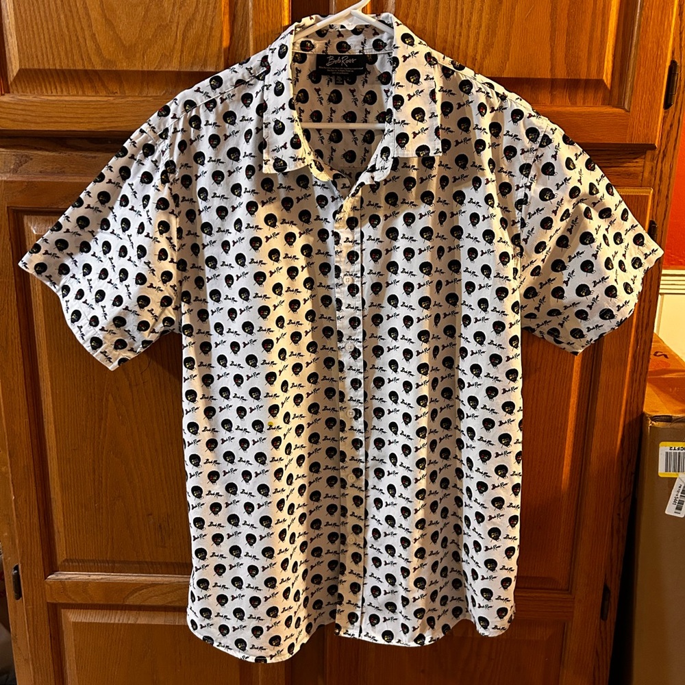 Bob Ross "Joy of Painting" Men's XL white short sleeve button with face pattern